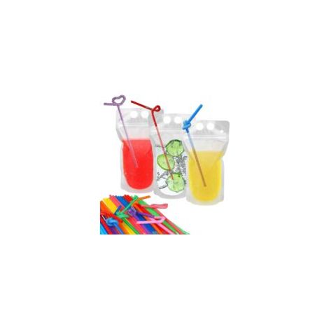 Crea – Lot de 100 pochettes à boissons translucides refermables avec 100 trous de paille – Sacs alimentaires en plastique – Pour conservation liquide