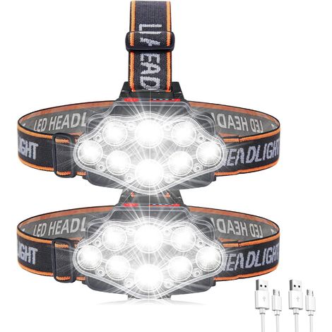 Lampe frontale rechargeable, super lumineuse de 2000 lumens avec 8 LED, lampe frontale légère à 4 modes, lampe frontale USB étanche IPX5 pour camping extérieur, course à pied, cyclisme, escalade (lot (1/5)
