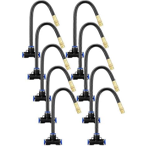 10 Pcs Brass Misting Nozzles Tee with 8 Inch Built in Hose 360 Degree Rotation Adjustable Water Mister Nozzles