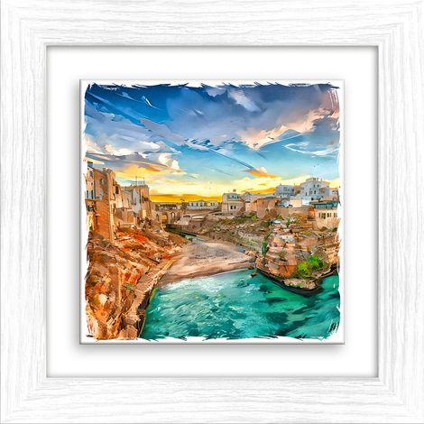 Lupia - Quadro moderno con paesaggi e localismi italiani, Ceramica e Stampa Rilievo, Cornice Legno Shabby Modern bianca, Decorazione Parete, Quadretti Soggiorno, 29x29 cm PUGLIA BASTIONE DI S. STEFANO (1/4)