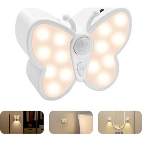 Veilleuse avec détecteur de mouvement, lampe de nuit LED papillon avec spot intégré, rechargeable par USB, intensité variable, éclairage pour placard, escalier, couloir, salle de bain (1/5)