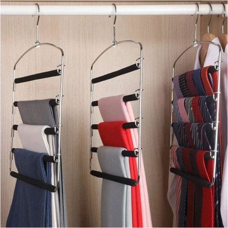 Cintre pantalon 5 niveaux en acier inoxydable, cintre antidérapant gain de place pour armoire, rangement dressing, noir (1/5)