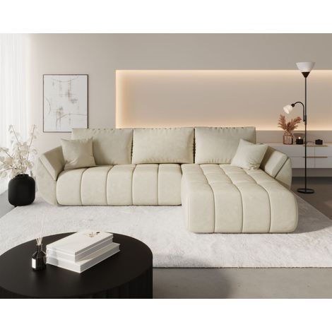 Ecksofa Schlafsofa MISATO Stoff Monolith Creme Ottomane Rechts