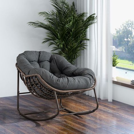 Fauteuil de Jardin design oeuf structure rotin coussin épais base balançante format surdimensionné gris foncé (1/5)