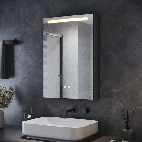 SIRHONA Armoire murale de salle de bain LED Anti-Buée avec Étagère de Rangement Maquillage, Température de Couleur Tri-Mode, Noir Chanvre, 485x700x130mm (1/5)