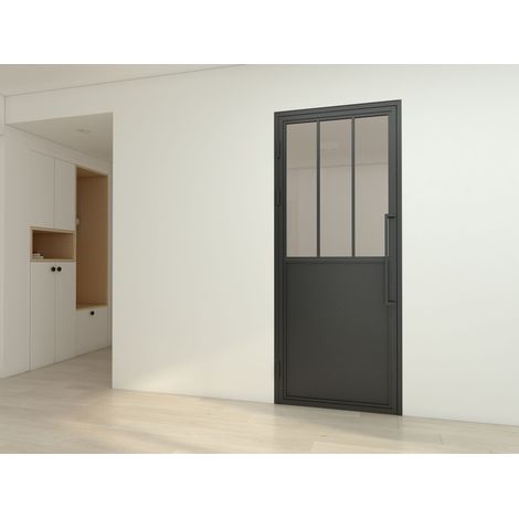 Porte verrière intérieure 93 x 204 cm, bloc porte Loft, verre transparent, style atelier soubassement noir, ouverture tirant gauche
