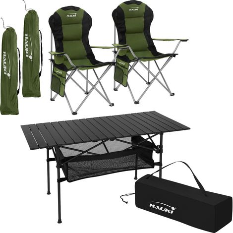 Hauki Set de Meubles de Camping, 3 Pièces, Table en Aluminium, Noires, 2 Chaises de Pêche Pliantes Kaki, Ensemble Pratique avec Sac de Transport, pour 2 Personnes, Mobilier d'Extérieur Jardin Voyage (1/5)