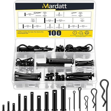 Lot de 100 broches de Clevis à tête plate avec broches fendues, kit d'assortiment de clips R, broches noires à trou unique et fixateurs de broches pour systèmes de verrouillage des broches (1/5)