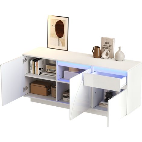 ELVMI Credenza con 3 Ante, 1 Cassetto, Ripiani Regolabili e LED, per Soggiorno, in MDF, 140 x 40 x 60 cm, Bianca (1/5)