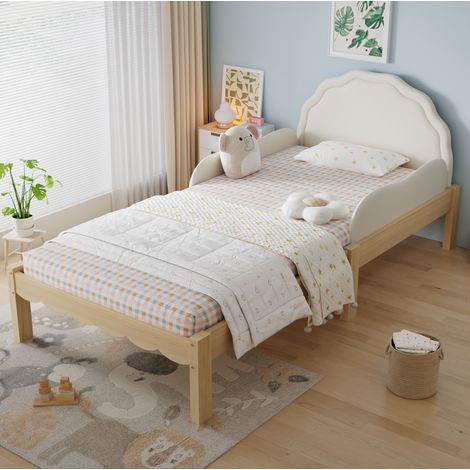 Lit enfant 90 x 200 cm lit simple capitonné Tête de lit ondulée,garde corps latéraux, beige et bois,Montage facile (1/5)