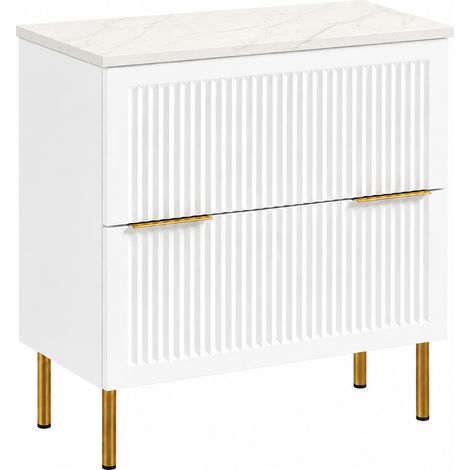 Meuble sous-vasque sur pieds 60 cm, 2 tiroirs, avec plan de travail, Blanc / Plan Marbre, poignées dorées, pieds dorés, 60 x 46 x 73,6 cm (1/5)