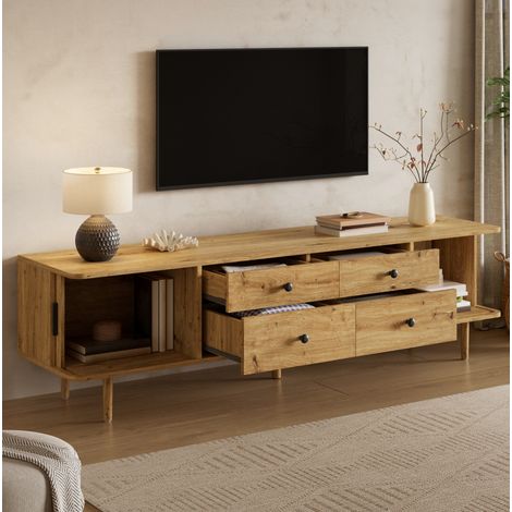 Mueble TV (165x40x46 cm), con 4 cajones y 2 puertas correderas, gran capacidad, MDF, color madera (1/5)
