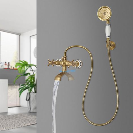 Antik Messing Badewannenar Bad Wannen Armatur Wasserhahn mit Handbrause Retro (1/5)