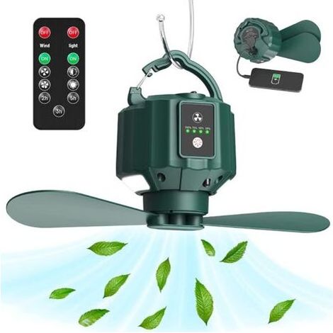 Ventilateur de camping à chargement USB, ventilateur de camping portable rechargeable (avec télécommande), ventilateur de tente (avec pales amovibles), crochet, minuterie (1/5)