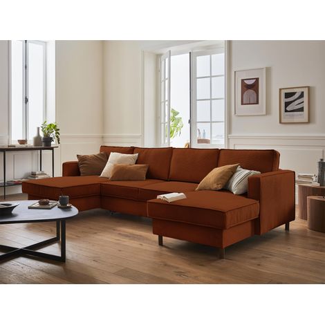 Lisa Design – Canapé panoramique en U 7 places convertible avec coffre – Velours côtelé doux – Pieds en bois wengé – Dimensions L289 x H84 x P148 cm