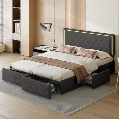 Bett 140x200 cm mit LED, Holzrahmen, 4 Schubladen, verstellbares Kopfteil, Lattenrost, Kunstleder, Grau (1/5)