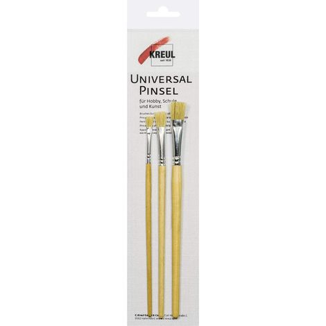 Kreul 723002-Pinceaux universels Set, 3 pinceaux plats de taille 4, 8 et 12 en poils de porc clairs et puissants, pour les loisirs, l'ecole et l'art, Beige