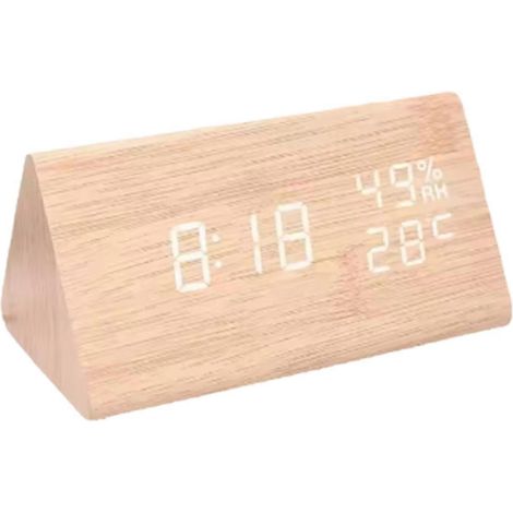Horloge étudiante LED, horloge en bois simple avec affichage de la température et contrôle sonore, horloge de bureau décorative pour la maison, couleur kaki. (1/5)