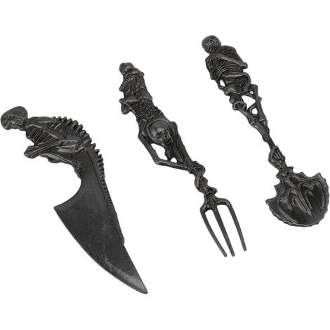 Halloween-Skelett-Besteckset, Motiv: Totenkopf, Metall, Zinklegierung, Geschirr, Kreativität, Skelett-Gabel, -Löffel, -Messer, Halloween-Geschenk, Schwarz (1/5)