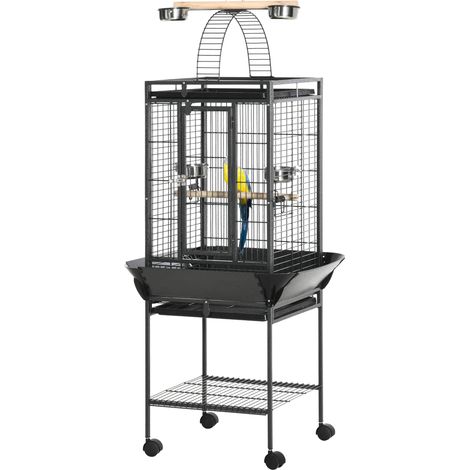 Cage pour perruche avec 2 perchoirs et échelle arquée, acier, 62,5 x 62,5 x 156 cm, grise