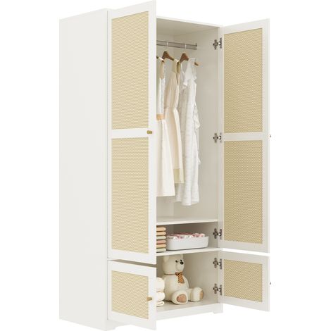 Armadio con 2 Ante, Barra Appendiabiti e Ripiani, Ante in Rattan, in MDF, Bianco, 90×48×180 cm (1/5)