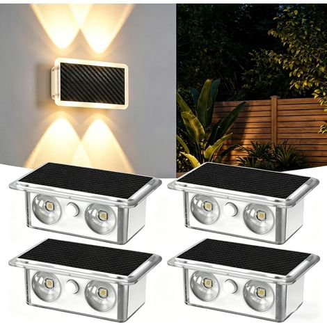 Lot de 4 appliques murales solaires d'extérieur avec capteur de lumière, trois couleurs réglables, étanchéité IP65 pour extérieur, jardin, terrasse et arrière-cour (1/5)
