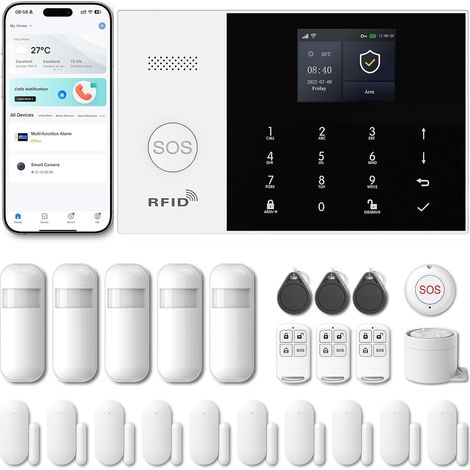1 Kit Alarme Sans Fil, Système Sécurité 4G WiFi, Sirène 120DB, Hub Rechargeable, Pour Maison Garage Bureau