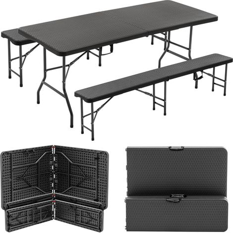 Set de mesa de picnic plegable de 6 ft con 2 bancos, 3 piezas, HDPE efecto madera, negro (1/5)