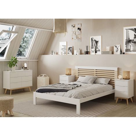 LAUPELL - Chambre 140x190cm avec Commode 7 Tiroirs Pin Naturel et Blanc Scandinave (1/5)