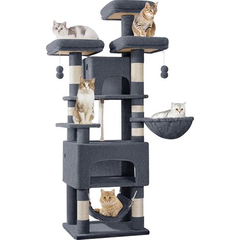 Grand Arbre à Chat Hauteur 176 cm, avec 7 Griffoirs, Gris Foncé (1/5)