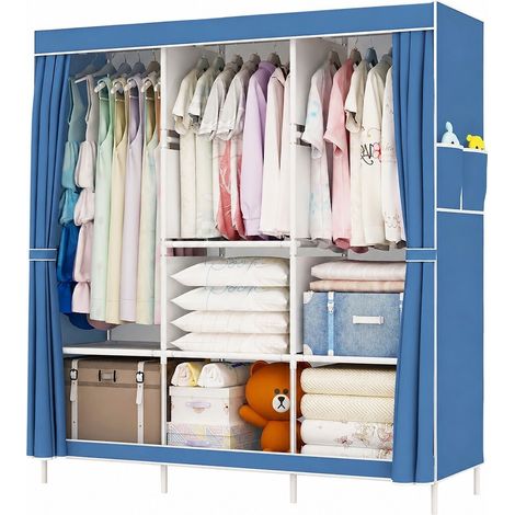 Armoire de rangement portable avec 3 barres de penderie, étagère intégrée, structure métallique, 127 x 43 x 170 cm, bleue. (1/5)