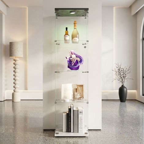 Vitrina de cristal con lámpara - Vitrina moderna independiente de cristal templado transparente con 3 niveles y puerta - Colección de vitrinas - Blanca