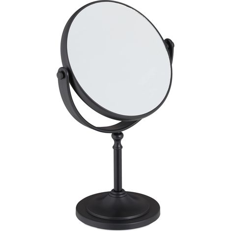Miroir cosmétique grossissant 2X, sur Pied, Deux Faces, pivotant à 360°, Rond, HxLxP 27,5 x 18 x 10,5 cm, Noir (1/5)