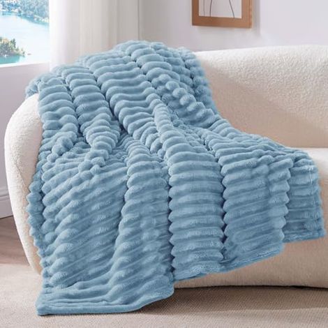 Plaid Bleu Clair Couverture pour Lit 1 Personne 150x200  Cadeau Cocooning Doux et Chaud, Moelleux, Idée Déco pour Femme et Homme (1/5)