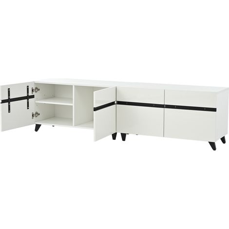 Meuble TV 180x40x49 cm en MDF blanc à lignes noires, 4 armoires avec étagères réglables, 8 pieds, capacité 52 kg (1/5)
