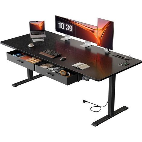 EcoFurnix Scrivania Elettrica Regolabile in Altezza, 180x 80 cm, con Presa di Corrente Integrata, 2 Cassetti Rimovibili, Porta USB-C, Nero (1/5)