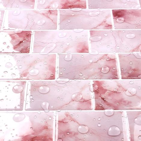 Adhesive pour Cuisine Marbre Rose 3D Carrelage Adhesif Mural Salle de Bain Rose Blanc 30x30CM Dalle PVC Adhesive Murale pour Salle de Bain Imperméable Metro Dalle 3D, 4 Pièces (1/5)
