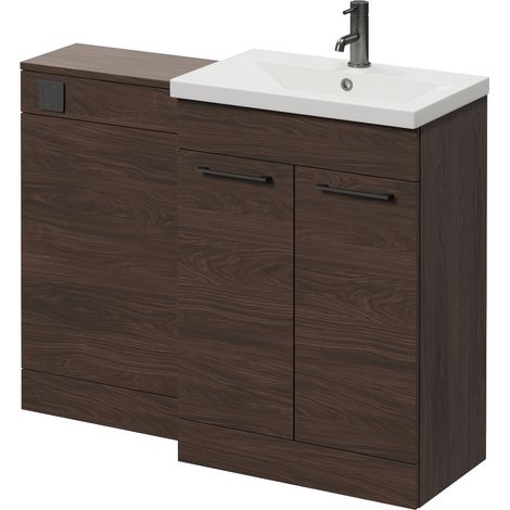 Napoli 390 Brown Oak 1100mm 2 Door Vanity Unit Toilet Suite with Glide Basin - 1100mm - Gunmetal Grey 160mm HandleWithout Kingston Toilet Pan