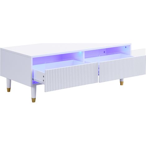 ELVMI Tavolino da Salotto con 2 Cassetti e LED, Frontali Ondulati, per Soggiorno, in MDF, 110 × 50 × 40 cm, Bianco (1/4)