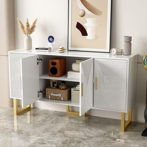 Aparador blanco de MDF y tablero de partículas 150x40x82 cm, 4 puertas con estantes ajustables y patas doradas (1/5)