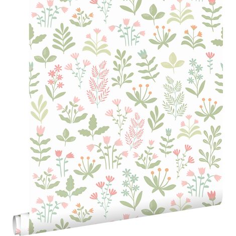 papier peint fleurs des champs vert et rose - ESTAhome (1/5)