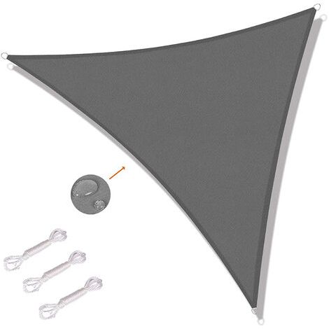 Voile d'ombrage triangulaire 5 x 5 x 5m – Toile imperméable – Protection UV – Installation sécurisée avec cordes – Gris