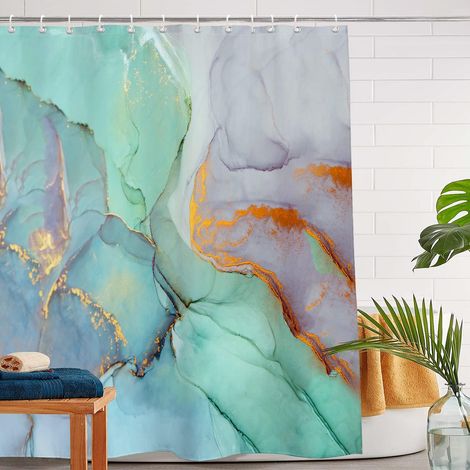Rideau de douche abstrait en marbre vert et gris, rideau de salle de bain moderne (1/4)