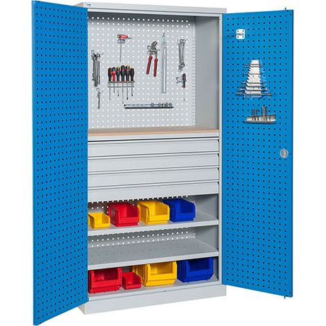 Armadio da officina forato - 4 cassetti, 2 ripiani e Ripiano in legno - W030080006-GCBI