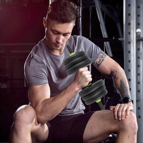 Set haltères réglables 4-en-1 20kg pour musculation à domicile – Inclut barre, kettlebell, poignées push-up – Poignées antidérapantes, plaques octogonales silencieuses caoutchouc – Support compact – N (1/5)