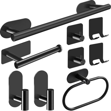 Ensemble de porte-serviettes muraux 9 pièces, fixation sans perçage, noir, accessoires pour salle de bain et cuisine (1/5)