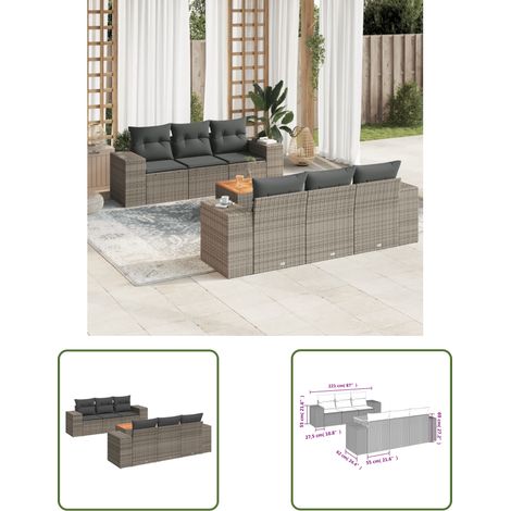 The Living Store Salon de jardin avec coussins 7 pcs gris résine tressée - Ensemble Salon De Jardin - Meuble Extérieur - Résine Tressée - Rotin Synthétique - Fauteuil Jardin