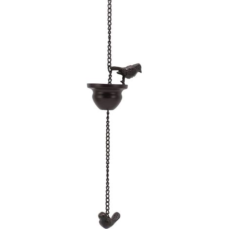 Chaîne de pluie décorative de 2,4 m (7,9 pi) avec oiseaux sur une tasse, pour gouttières et jardin extérieur. Chaîne de récupération d'eau de pluie de style vintage. (1/5)