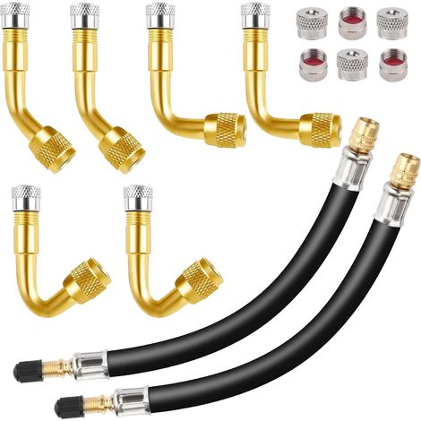 6 Embouts Valve Pneumatique, Cuivre, 45 90 135 Degrés, Tuyau Extension Caoutchouc 210 mm, Bouchons, Voitures Motos Vélos (1/5)
