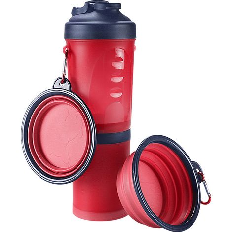(Rouge)Bouteille d'eau Animaux Compagnie et Conteneur Voyage Alimentaire Extérieur Portable 2 en 1 Bouteille Double Chambre avec 2 Pliant Bols Eau d'a (1/5)